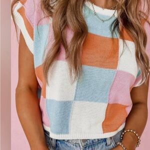 No Name Sweater Vest Colorful Checkered Knit Top Women’s   M/L